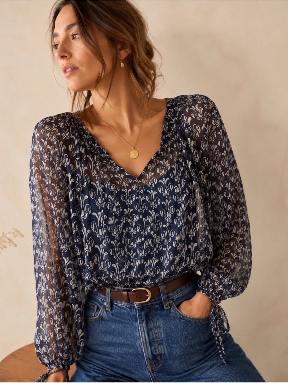 John Robshaw Navy Blue & White Printed V-Neck Blouse